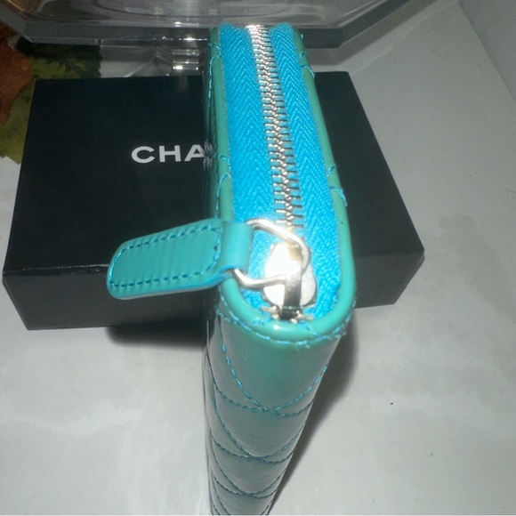 Chanel Quilted Patent Leather Zip Around Wallet Turquoise - Picture 8 of 14